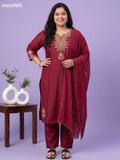 Maroon Art Tussar Simple Embroidery Work Straight Suit