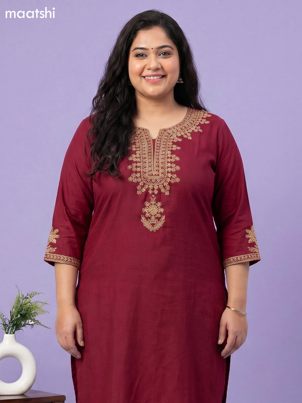 Maroon Art Tussar Simple Embroidery Work Straight Suit