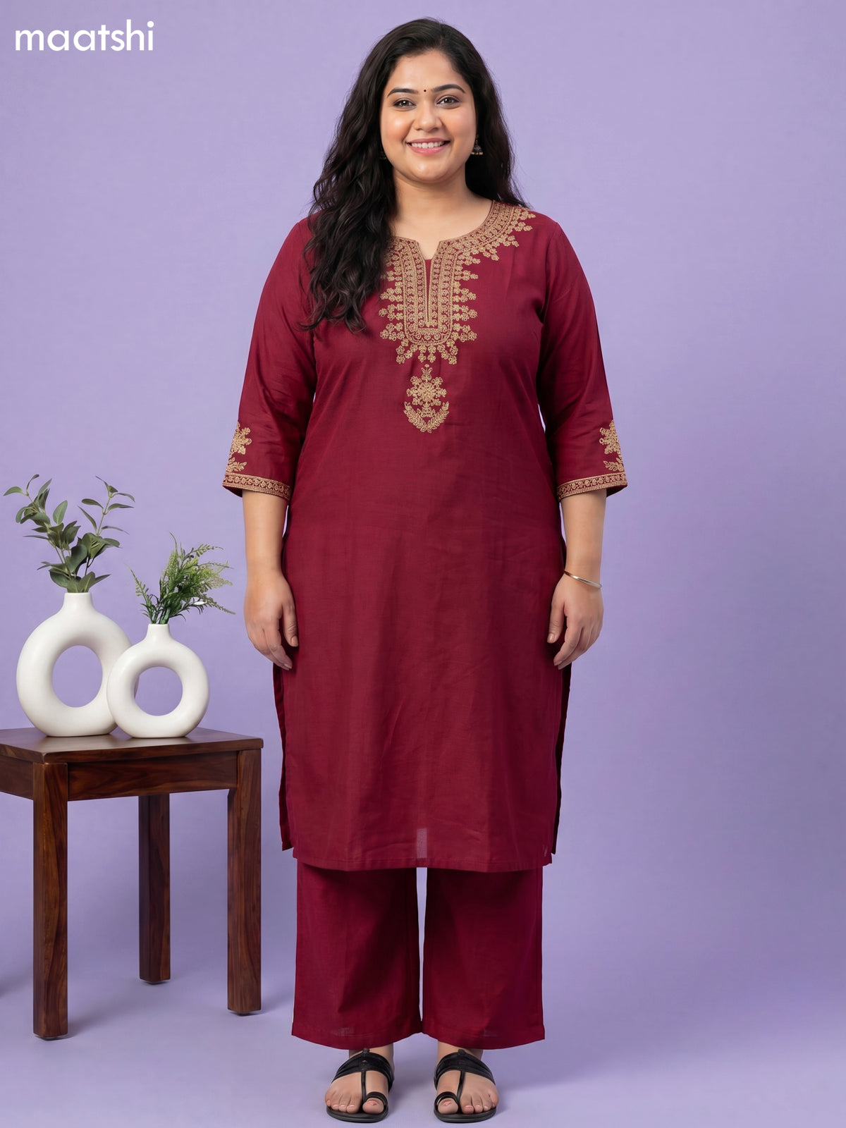 Maroon Art Tussar Simple Embroidery Work Straight Suit