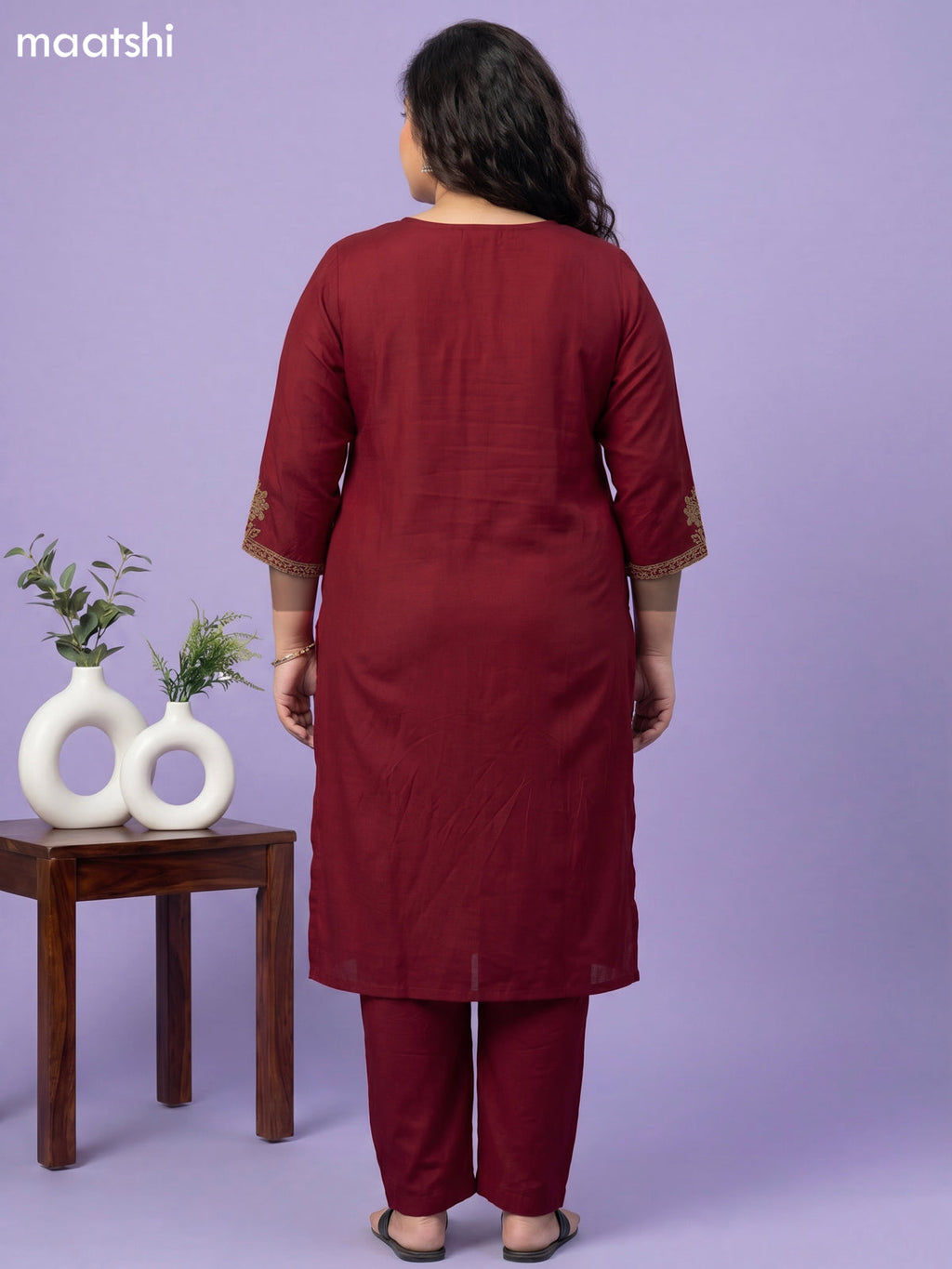Maroon Art Tussar Simple Embroidery Work Straight Suit