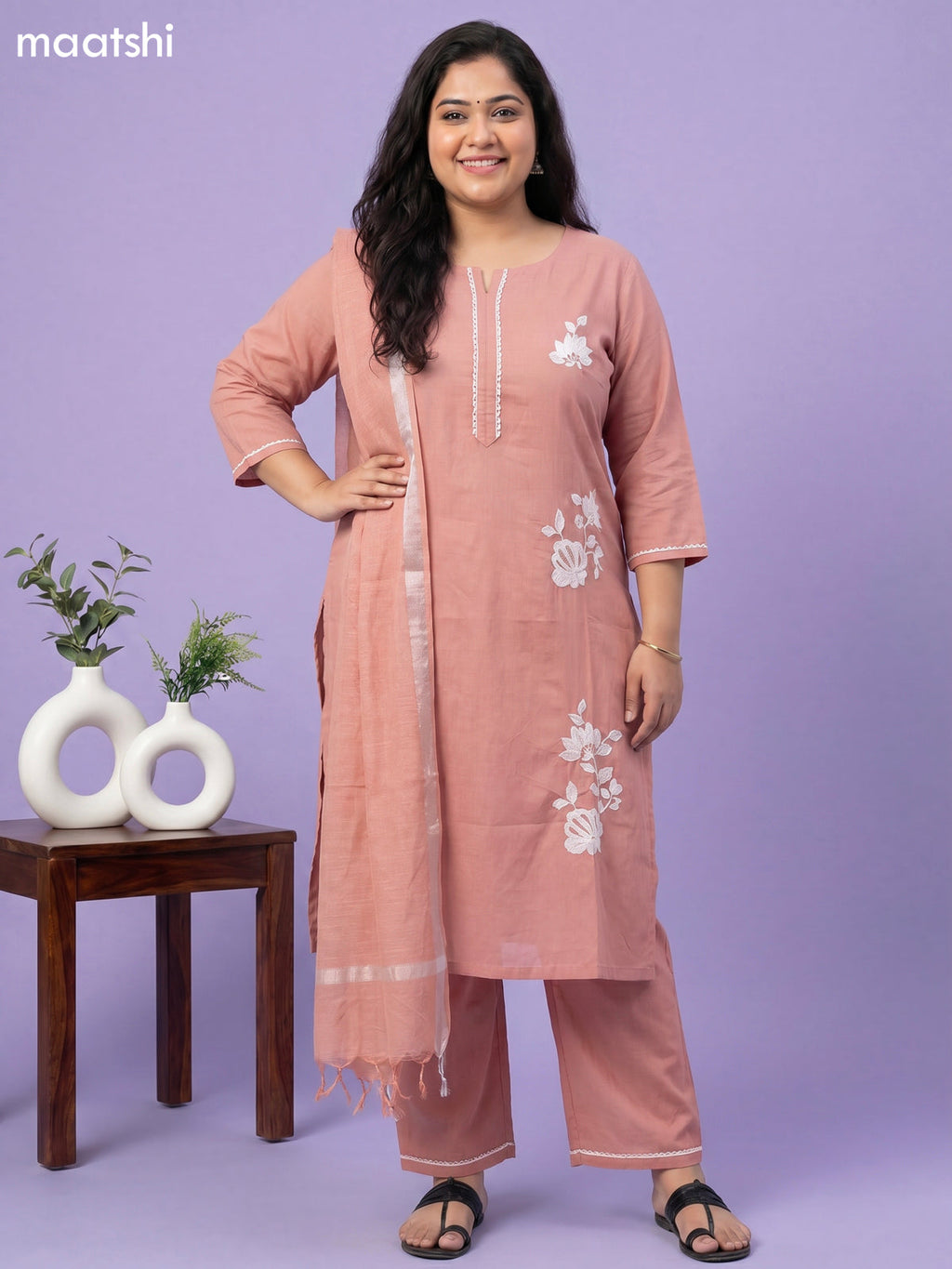Peach Shade Cotton Floral Embroidery Work Straight Suit