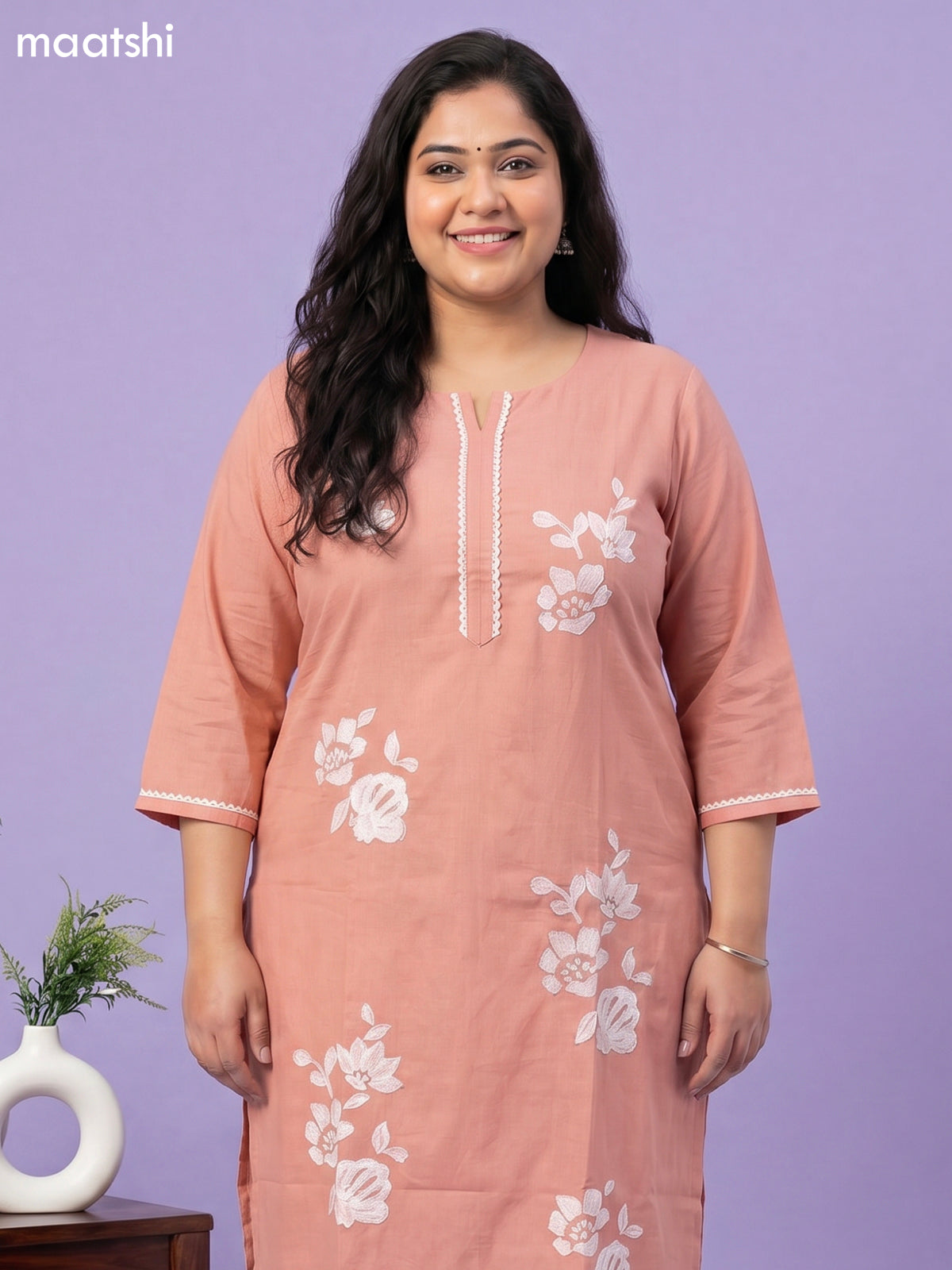Peach Shade Cotton Floral Embroidery Work Straight Suit