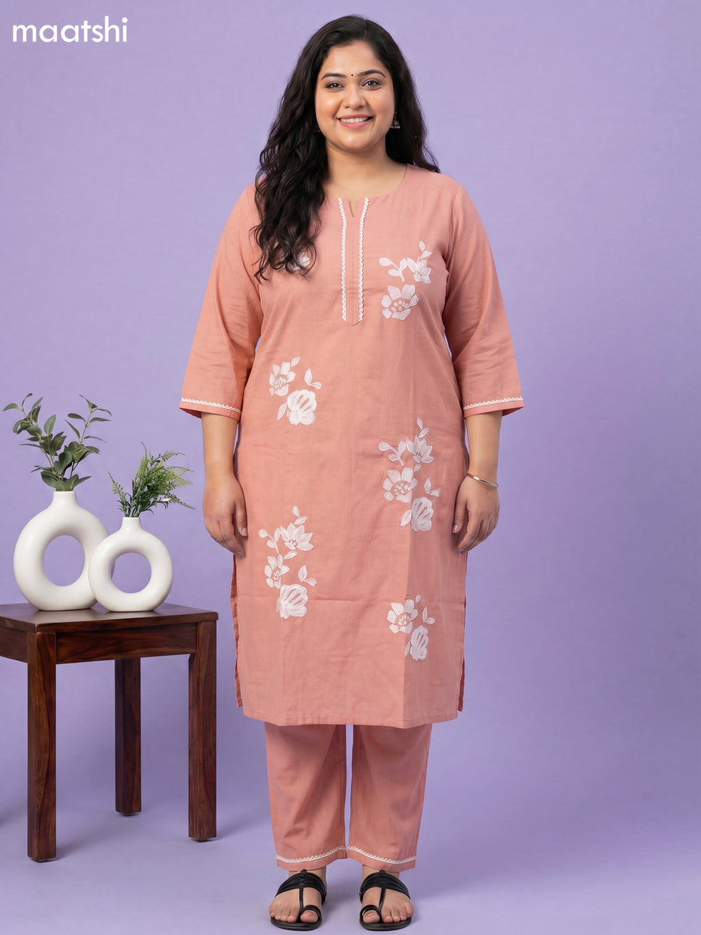 Peach Shade Cotton Floral Embroidery Work Straight Suit