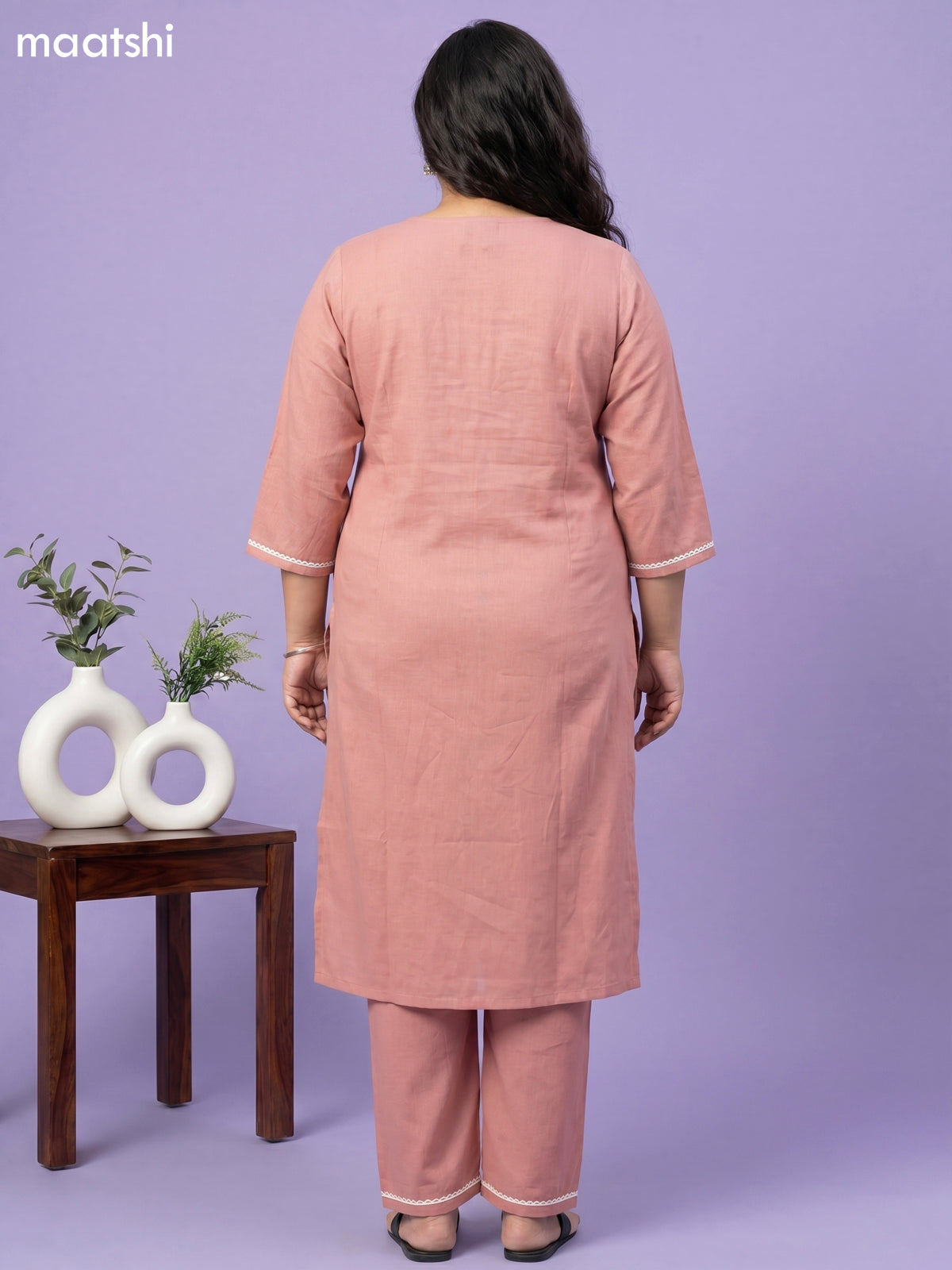 Peach Shade Cotton Floral Embroidery Work Straight Suit