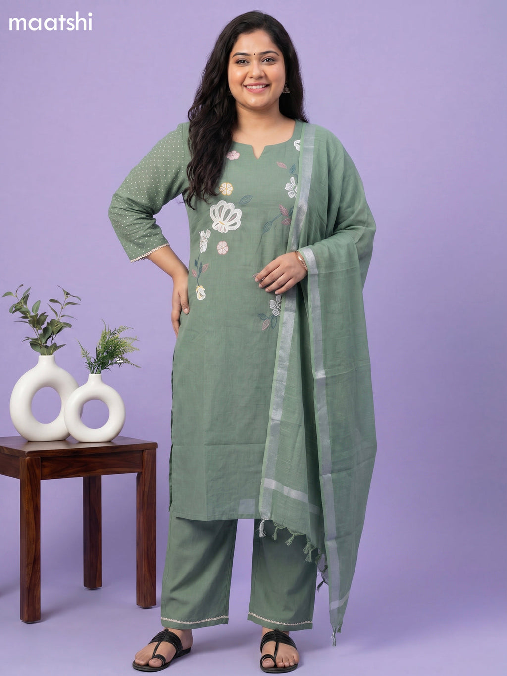 Pista Green Cotton Floral Embroidery Work Straight Suit