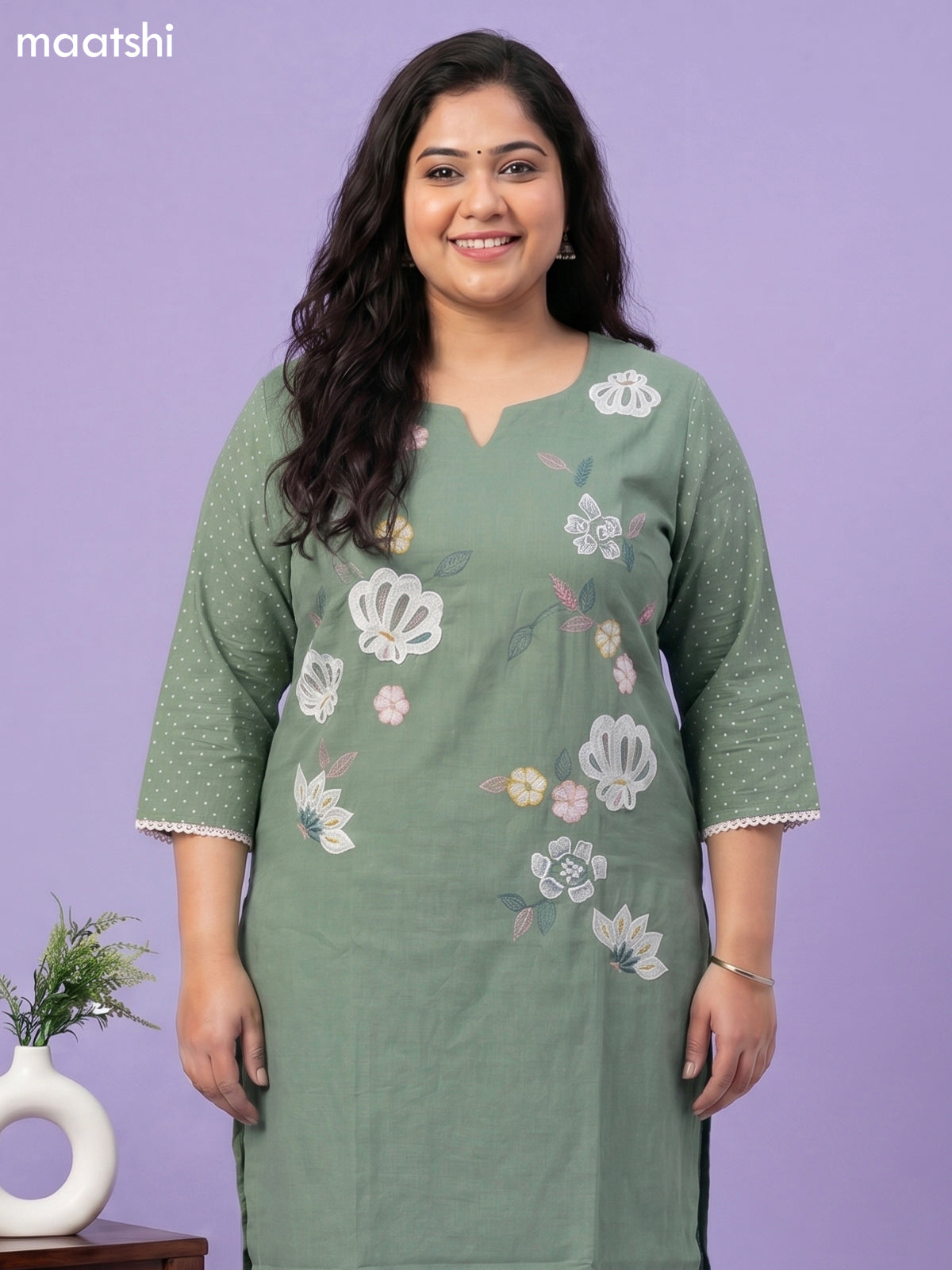 Pista Green Cotton Floral Embroidery Work Straight Suit