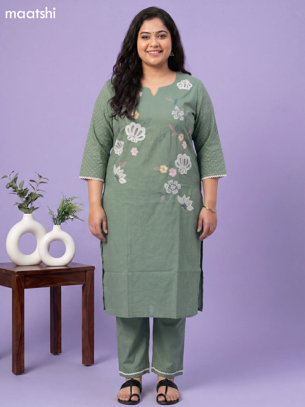 Pista Green Cotton Floral Embroidery Work Straight Suit
