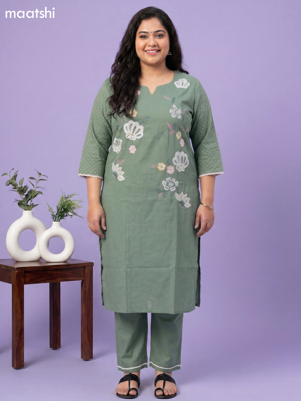 Pista Green Cotton Floral Embroidery Work Straight Suit