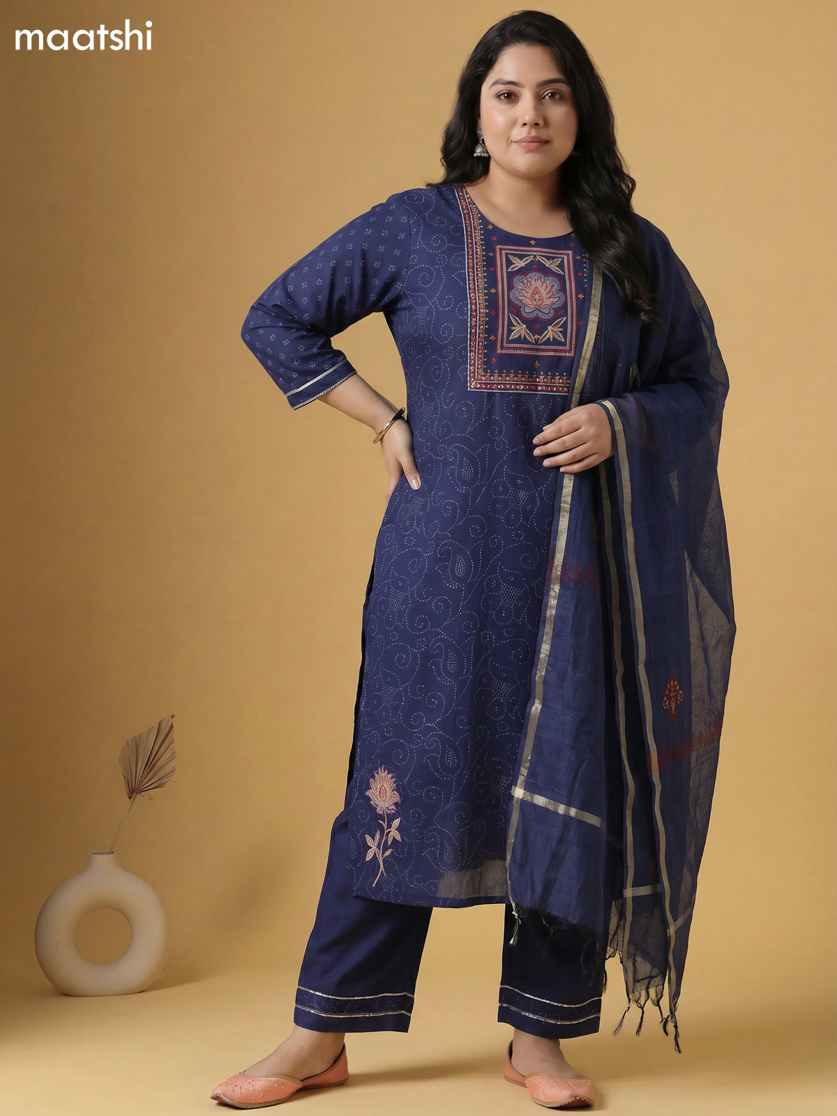 Navy Blue Cotton Allover Bandhani Prints & Embroidery Work Straight Suit