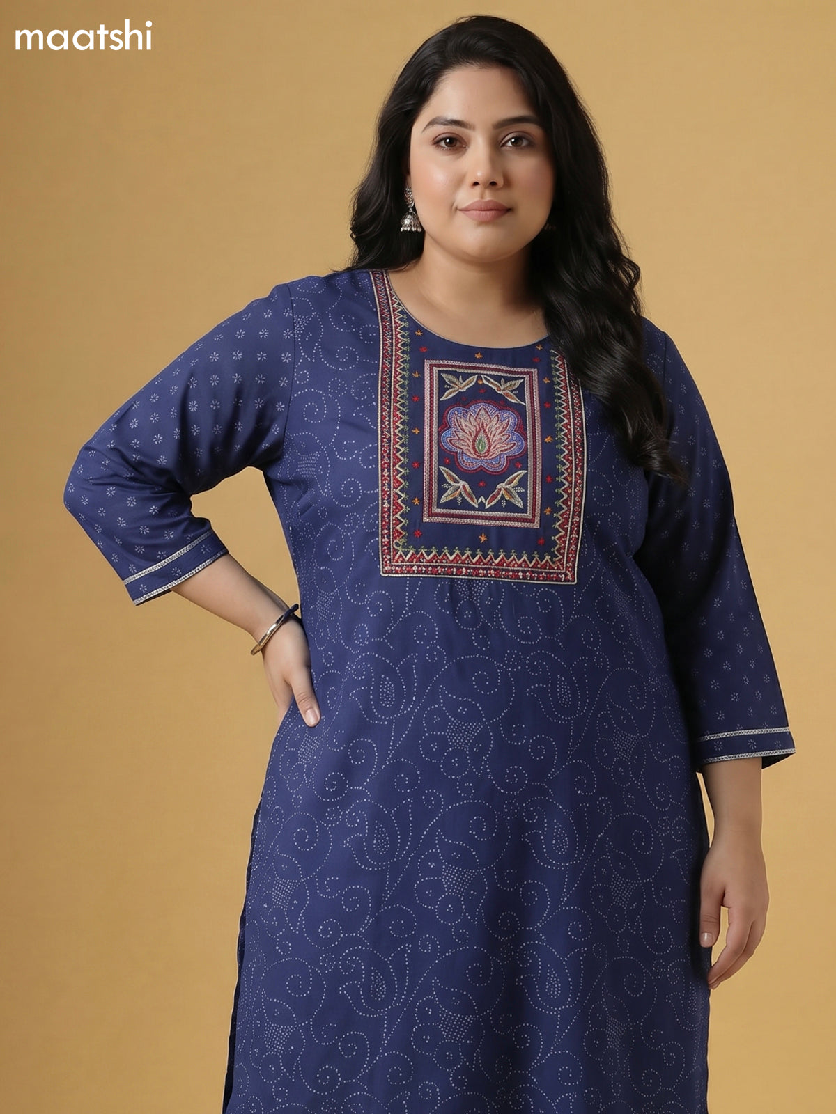 Navy Blue Cotton Allover Bandhani Prints & Embroidery Work Straight Suit