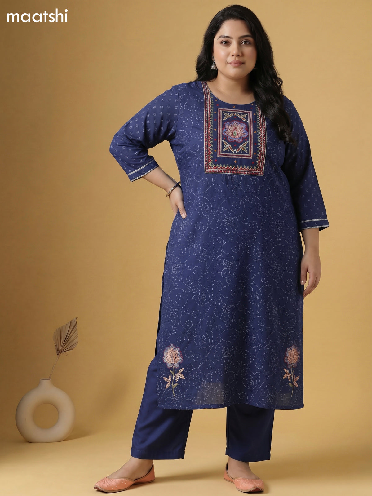 Navy Blue Cotton Allover Bandhani Prints & Embroidery Work Straight Suit