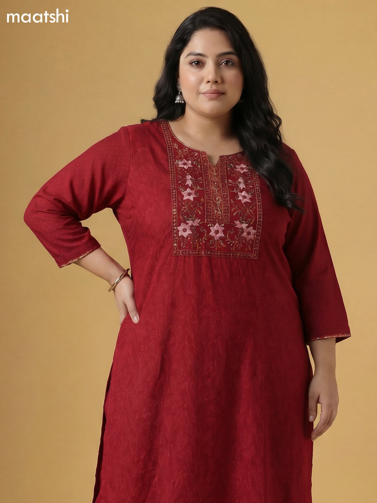Maroon Cotton Allover Prints & Embroidery Work Straight Suit