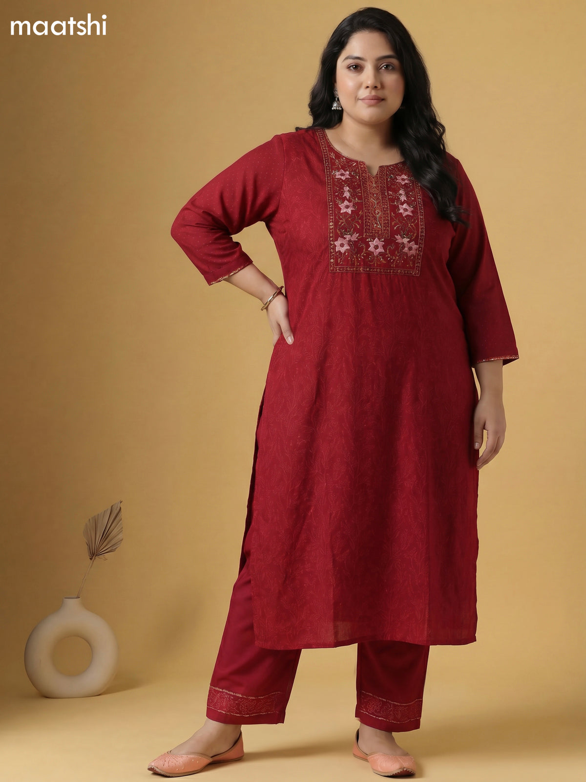 Maroon Cotton Allover Prints & Embroidery Work Straight Suit