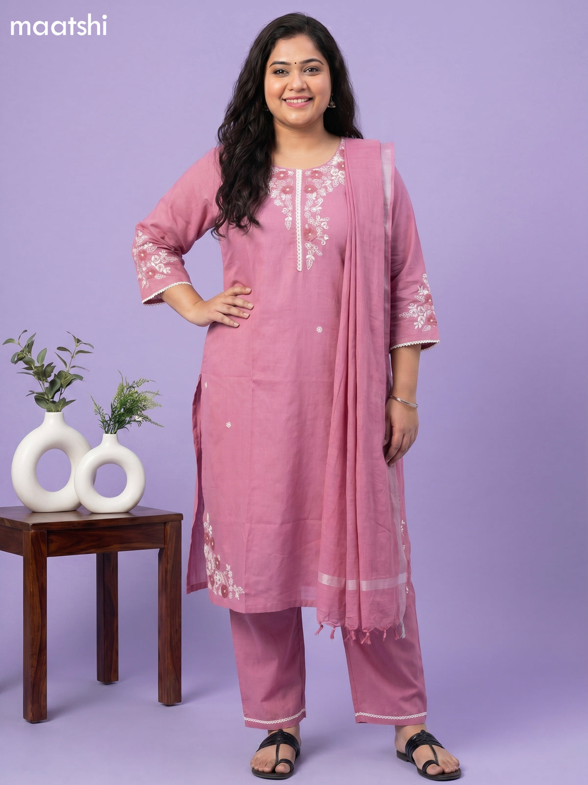 Pastel Pink Cotton Floral Embroidery Work Straight Suit