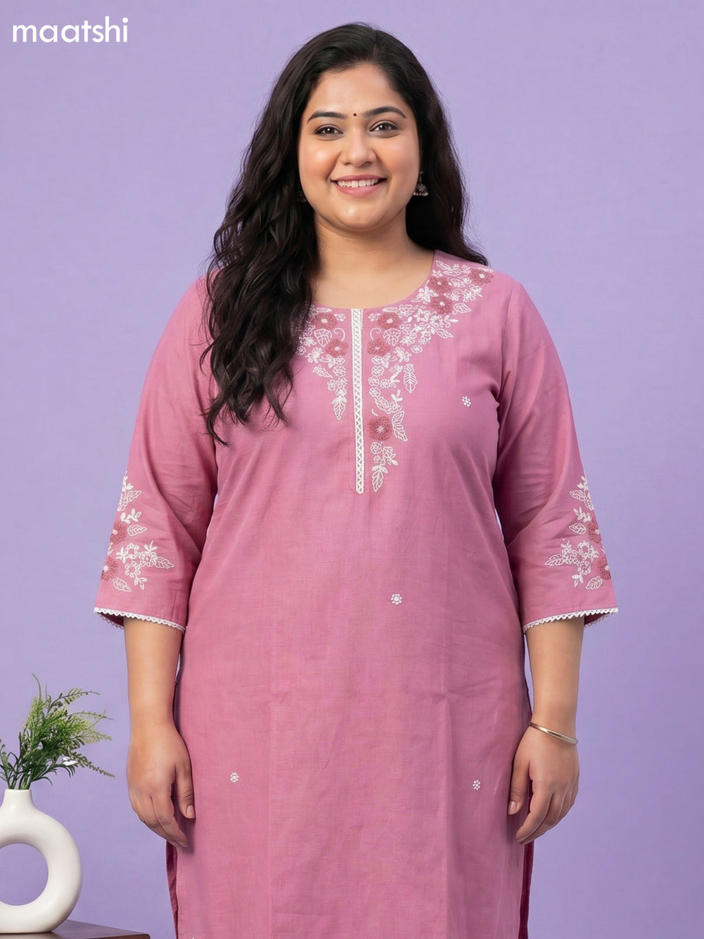Pastel Pink Cotton Floral Embroidery Work Straight Suit