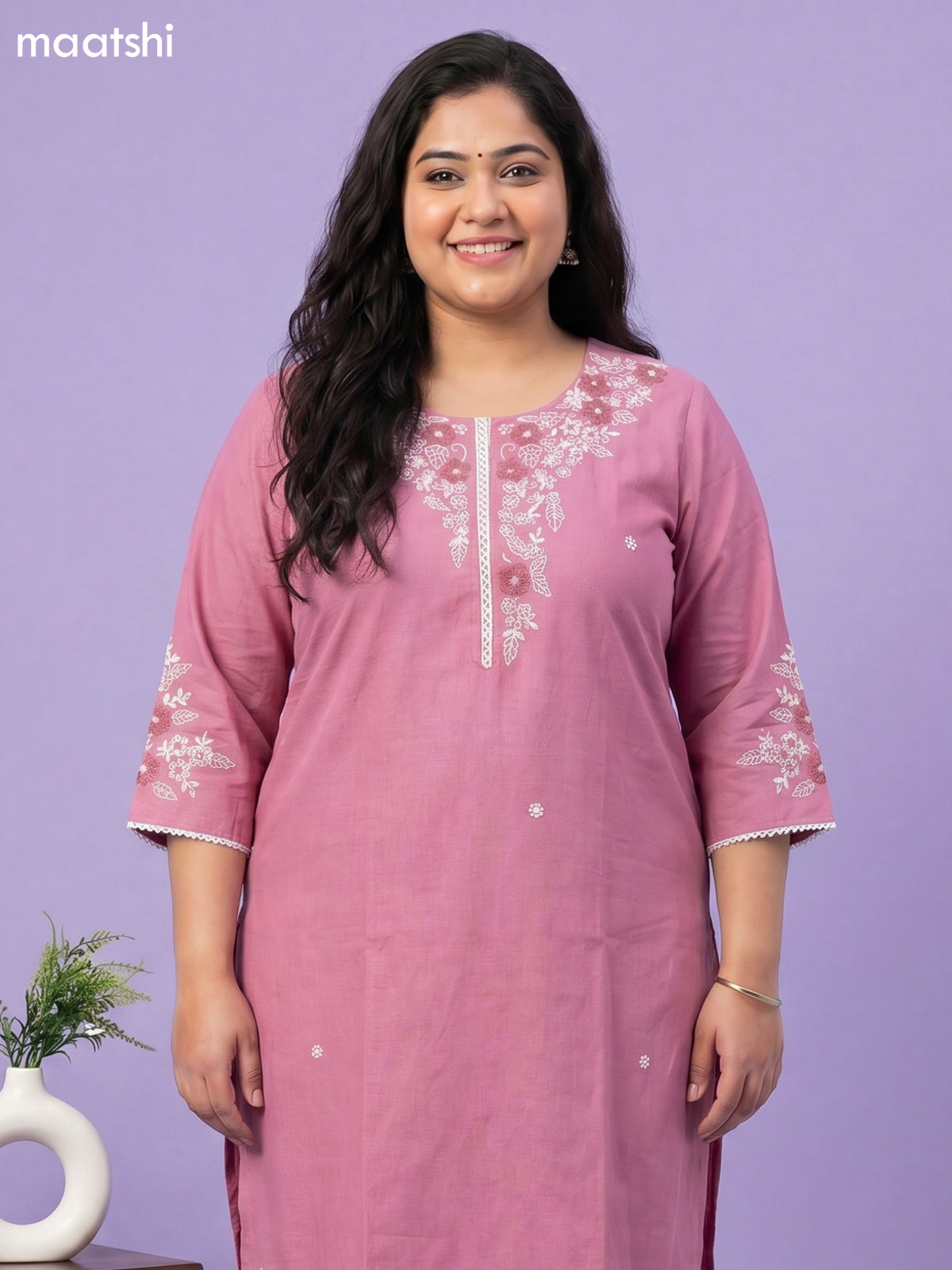 Pastel Pink Cotton Floral Embroidery Work Straight Suit