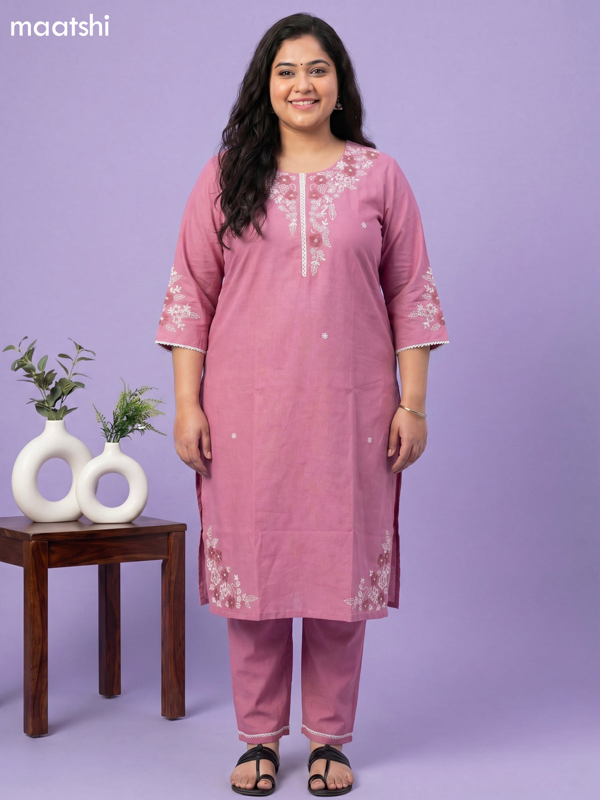 Pastel Pink Cotton Floral Embroidery Work Straight Suit