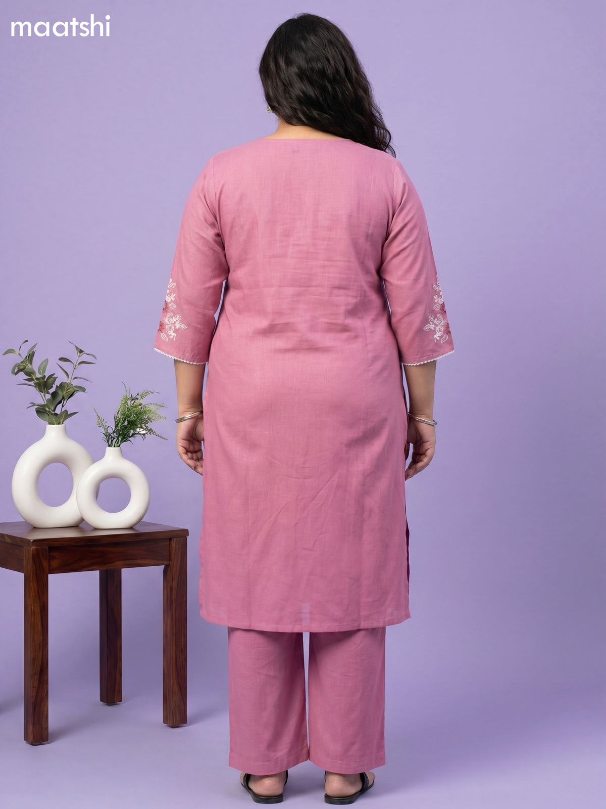 Pastel Pink Cotton Floral Embroidery Work Straight Suit