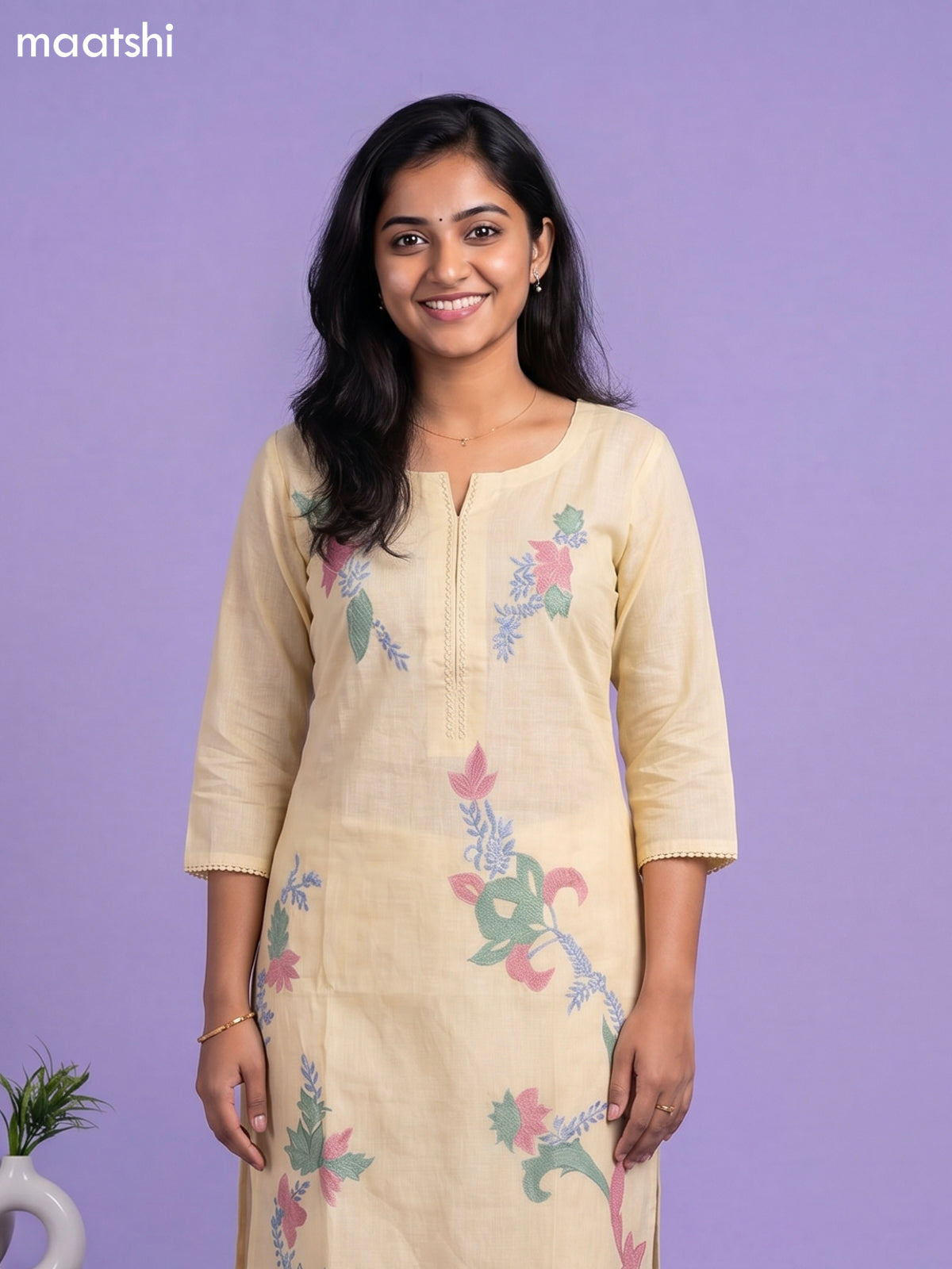 Pale Yellow Cotton Floral Embroidery Work Straight Suit