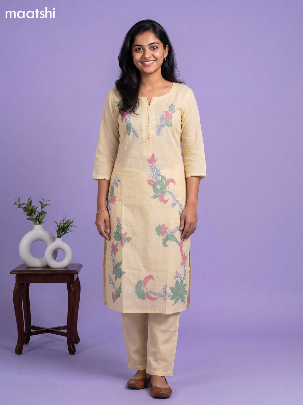 Pale Yellow Cotton Floral Embroidery Work Straight Suit
