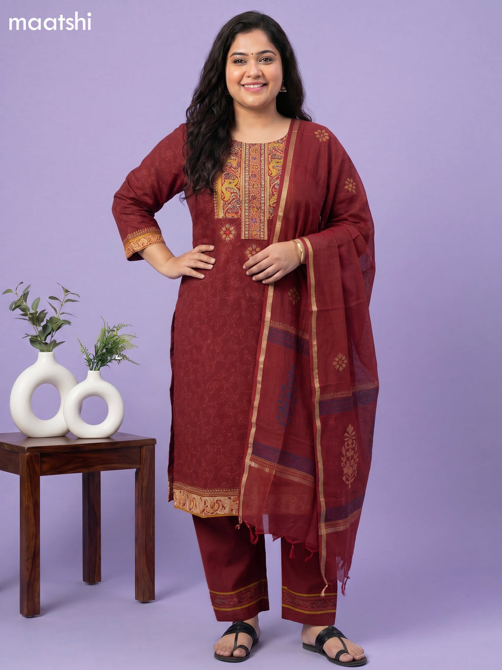 Maroon Cotton Printed & Simple Embroidery Work Straight Suit
