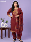 Maroon Cotton Printed & Simple Embroidery Work Straight Suit
