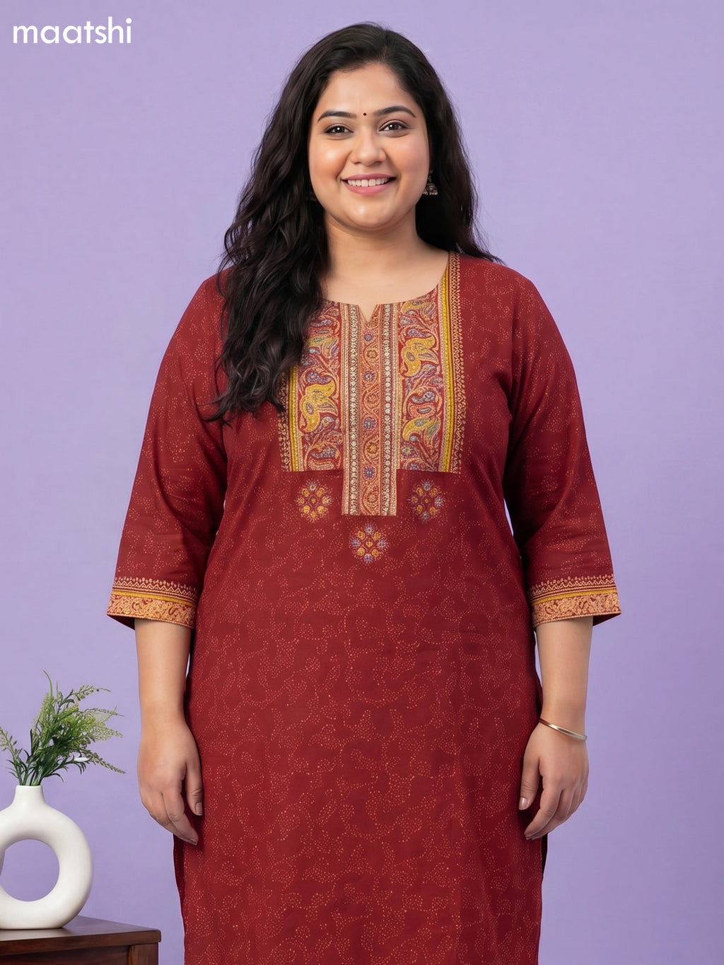 Maroon Cotton Printed & Simple Embroidery Work Straight Suit