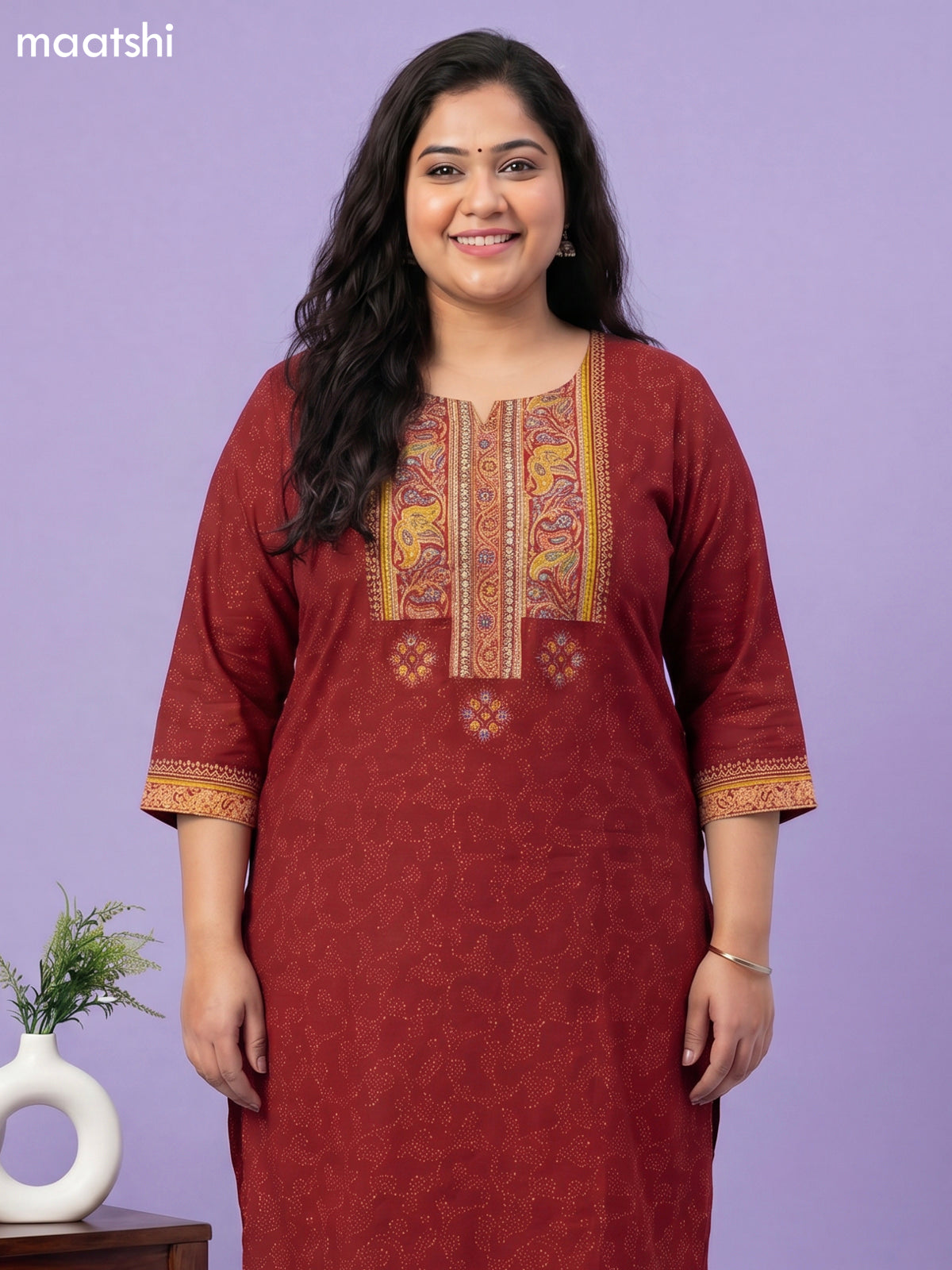 Maroon Cotton Printed & Simple Embroidery Work Straight Suit
