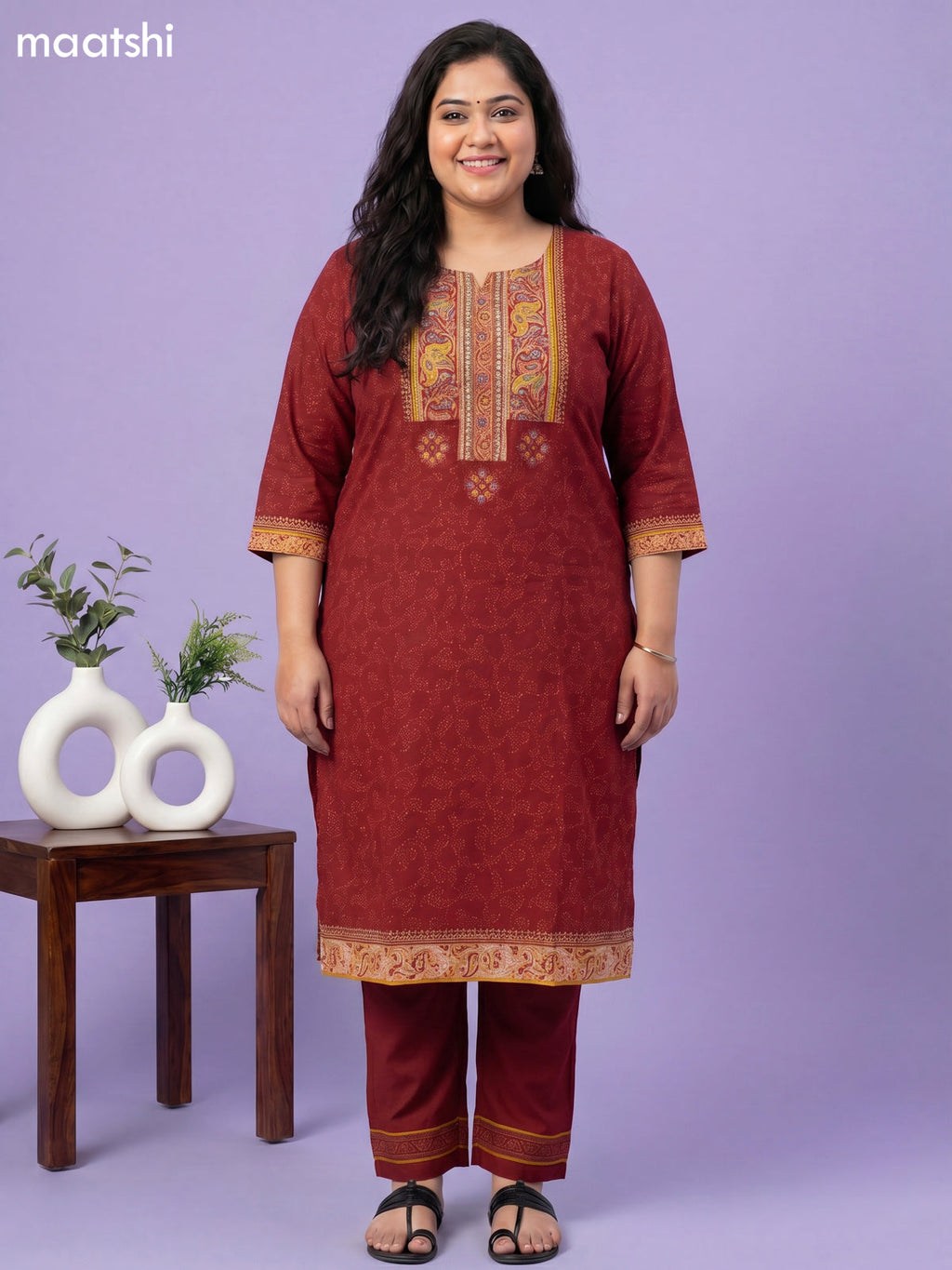 Maroon Cotton Printed & Simple Embroidery Work Straight Suit