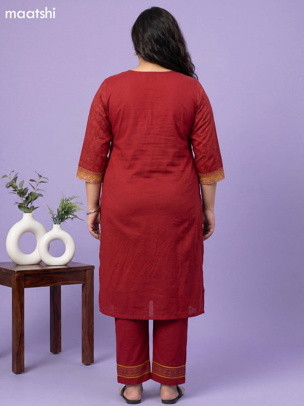 Maroon Cotton Printed & Simple Embroidery Work Straight Suit