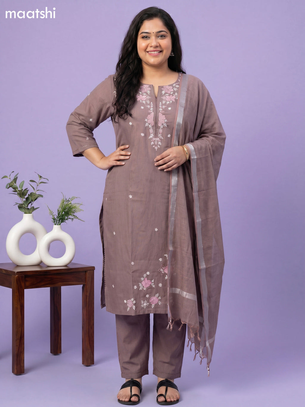 Brown Cotton Floral Embroidery Work Straight Suit