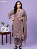 Brown Cotton Floral Embroidery Work Straight Suit