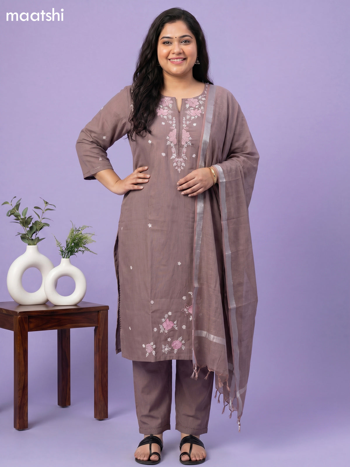 Brown Cotton Floral Embroidery Work Straight Suit