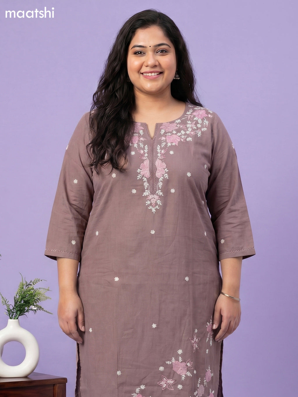 Brown Cotton Floral Embroidery Work Straight Suit