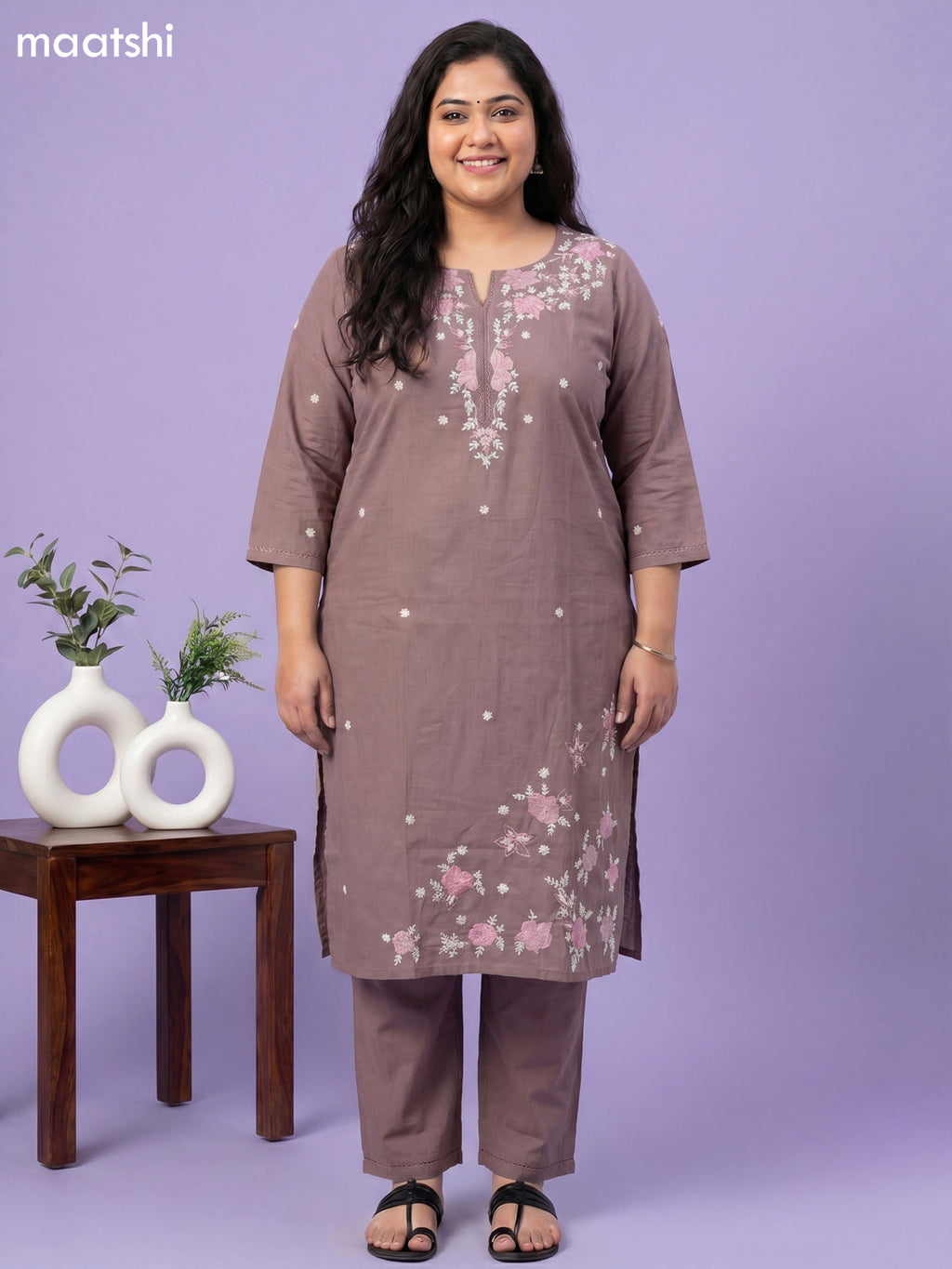 Brown Cotton Floral Embroidery Work Straight Suit