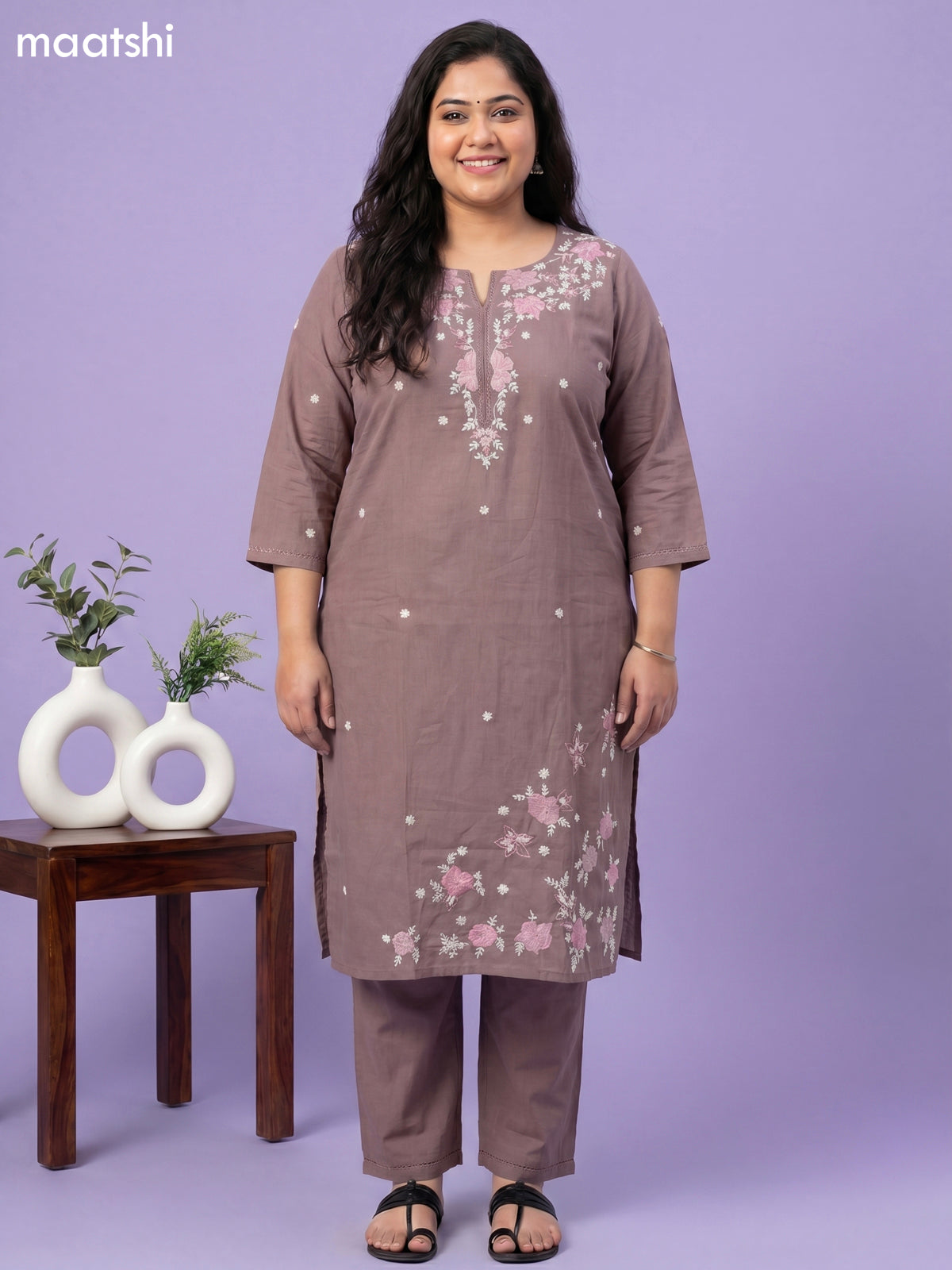 Brown Cotton Floral Embroidery Work Straight Suit
