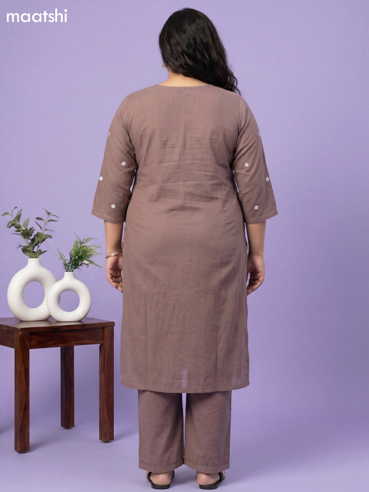 Brown Cotton Floral Embroidery Work Straight Suit
