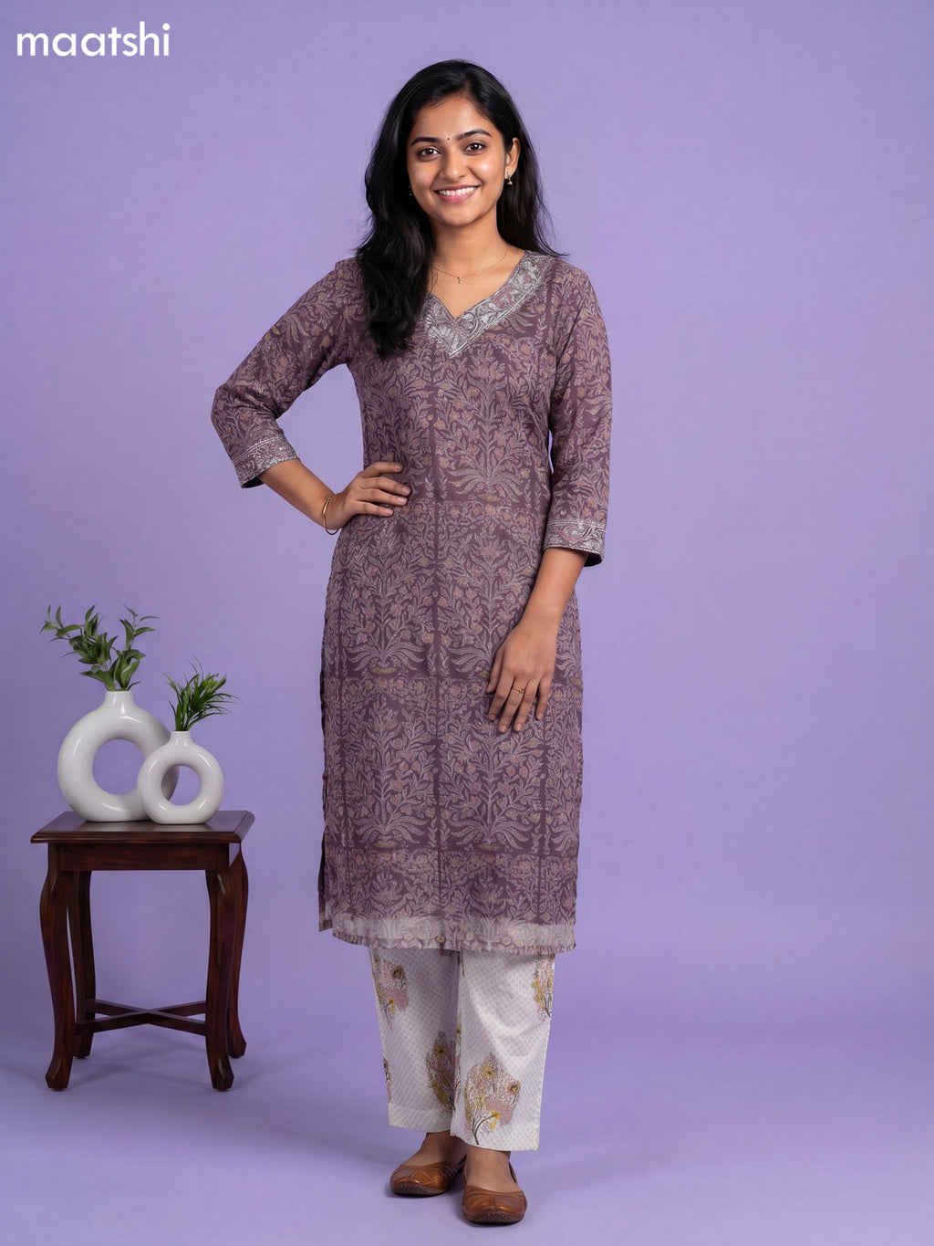 Purple and Off White Kota Printed & Embroidery Work Straight Suit