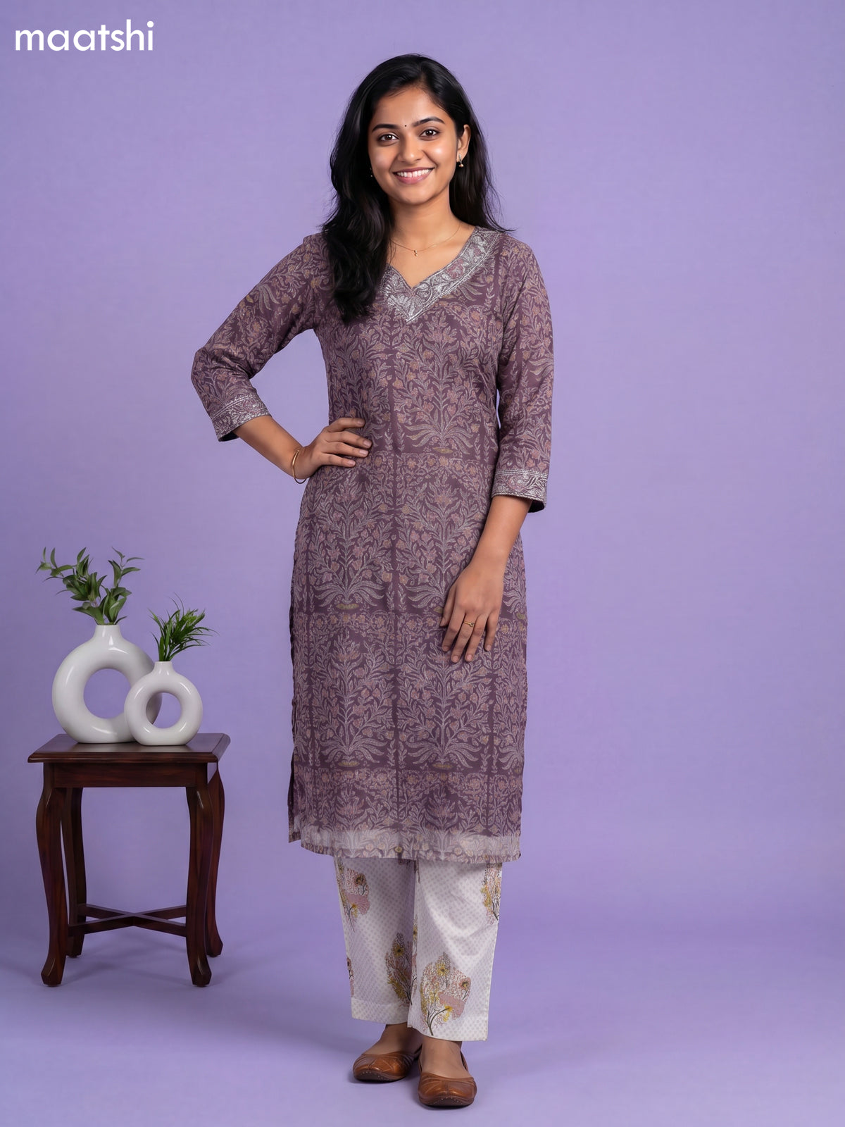 Purple and Off White Kota Printed & Embroidery Work Straight Suit