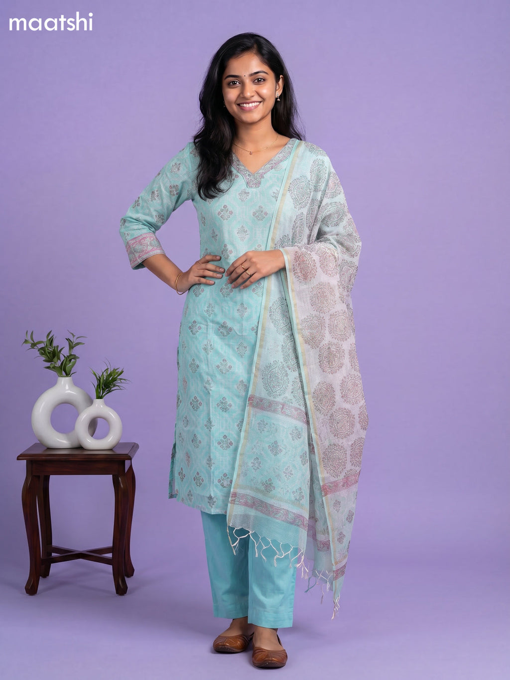 Teal Green Kota Printed & Embroidery Work Straight Suit