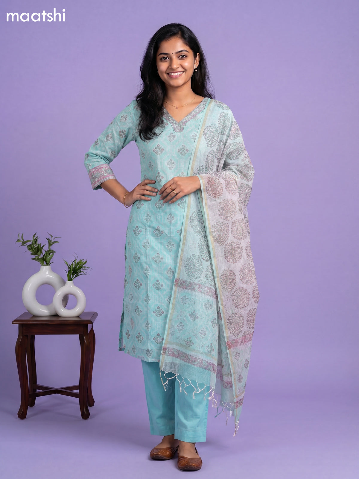 Teal Green Kota Printed & Embroidery Work Straight Suit