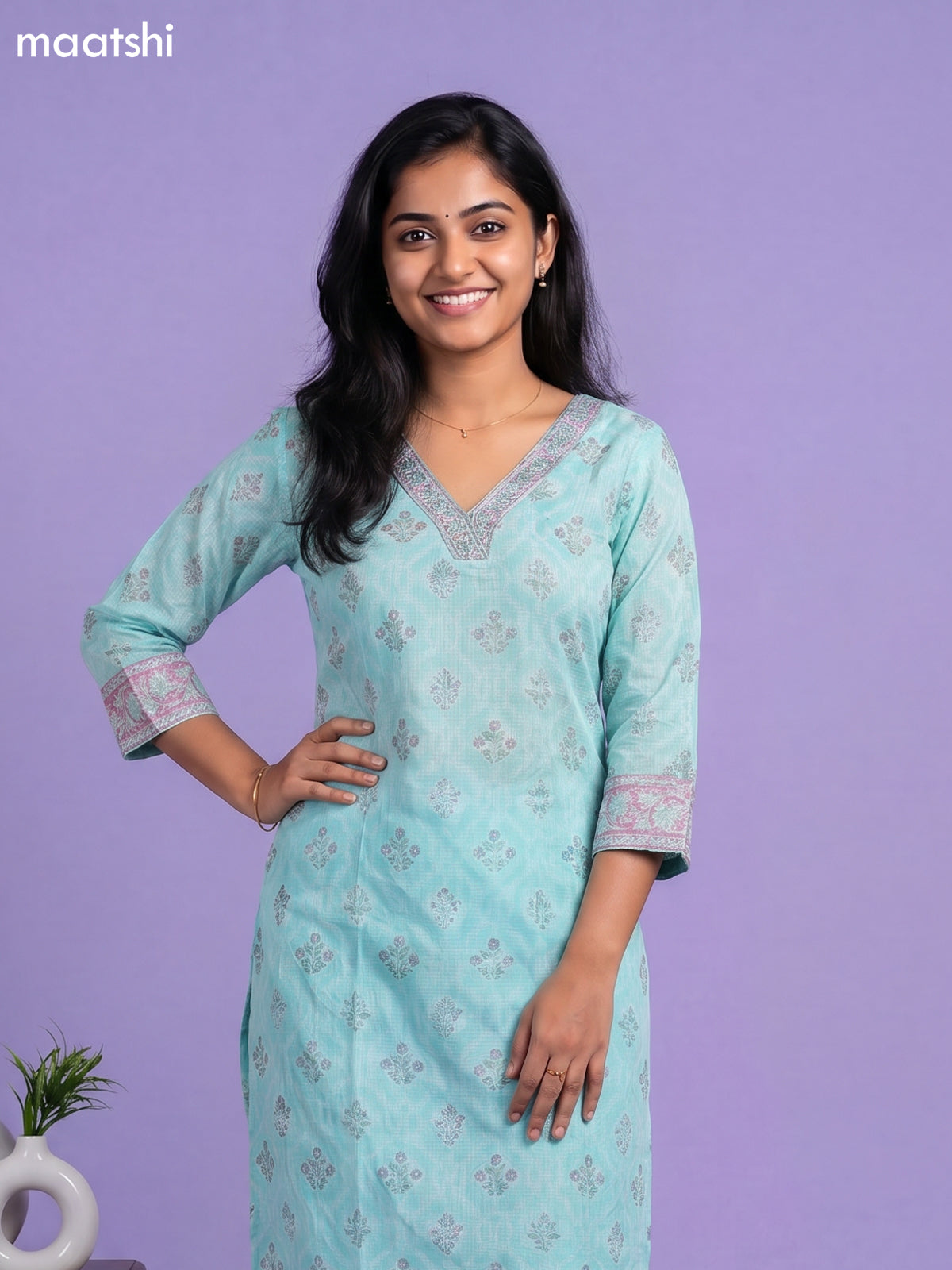 Teal Green Kota Printed & Embroidery Work Straight Suit