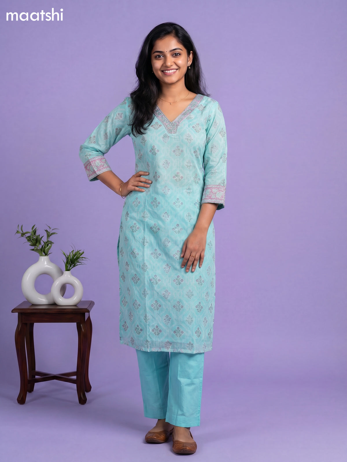 Teal Green Kota Printed & Embroidery Work Straight Suit