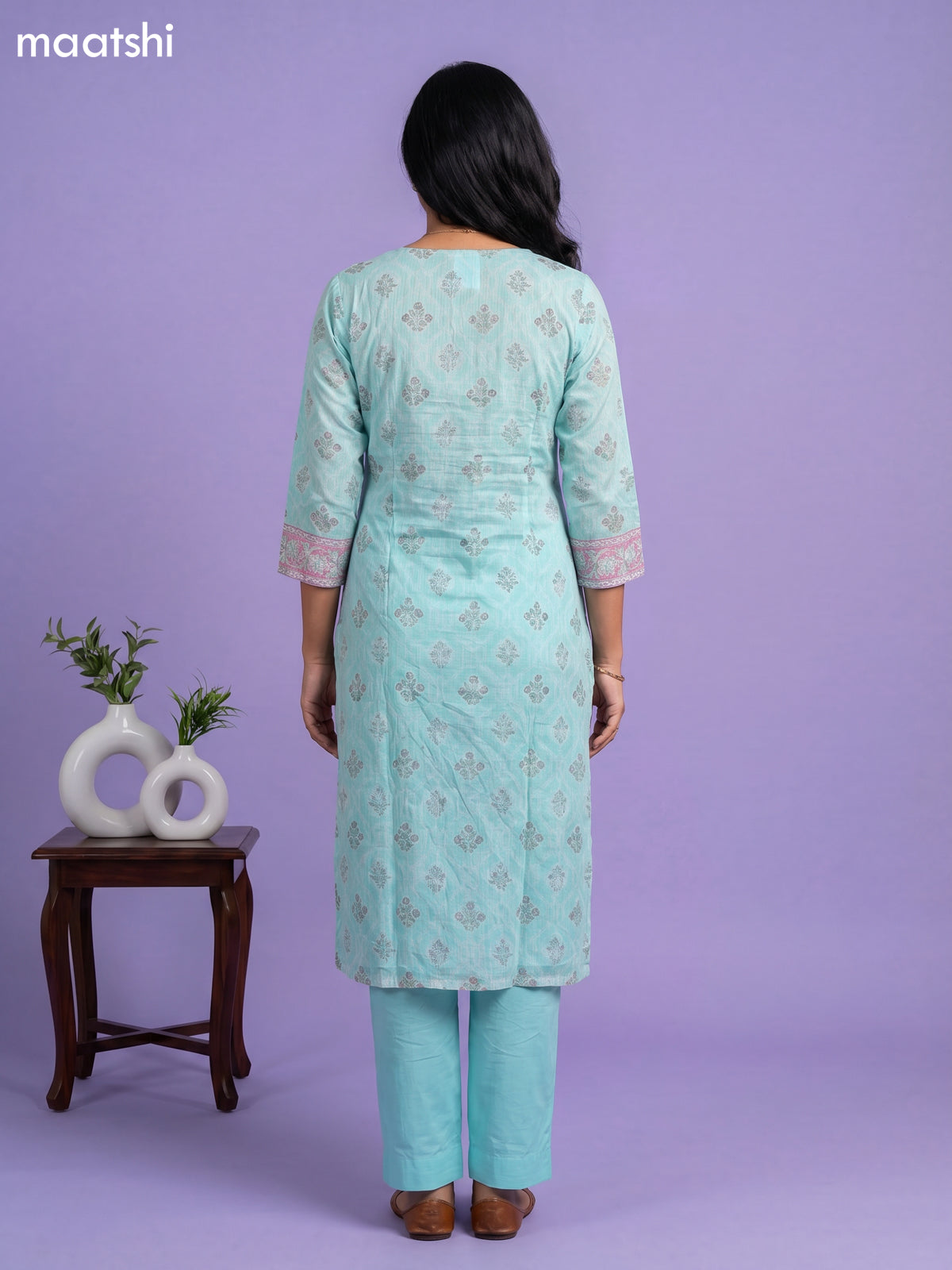 Teal Green Kota Printed & Embroidery Work Straight Suit