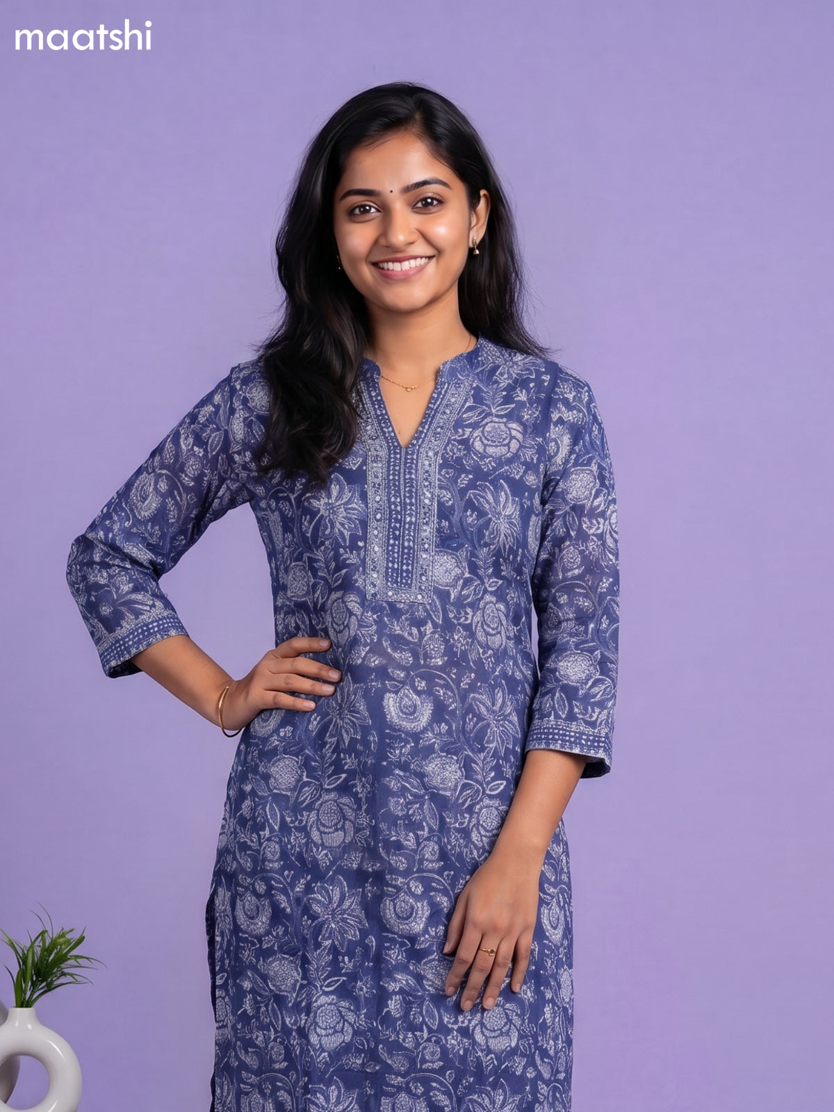 Navy Blue and Off White Kota Printed & Embroidery Work Straight Suit