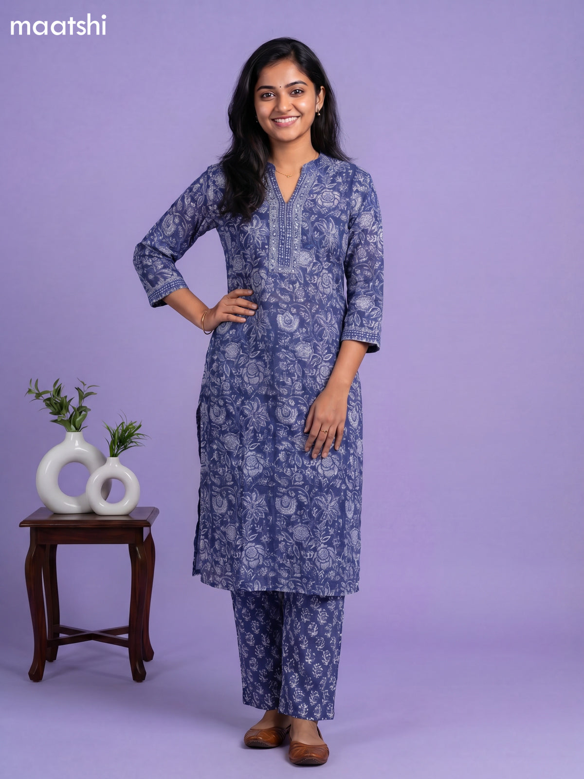 Navy Blue and Off White Kota Printed & Embroidery Work Straight Suit