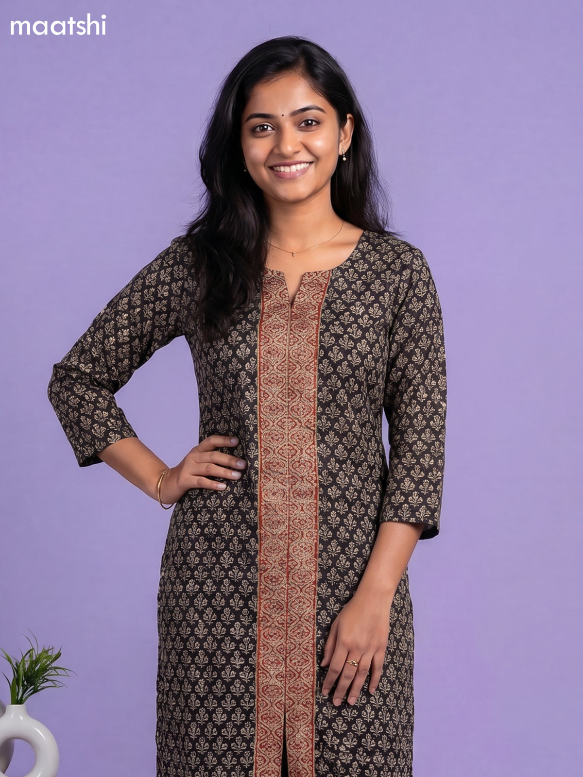 Black and Rust Shade Chanderi Allover Prints & Embroidery Work Straight Suit