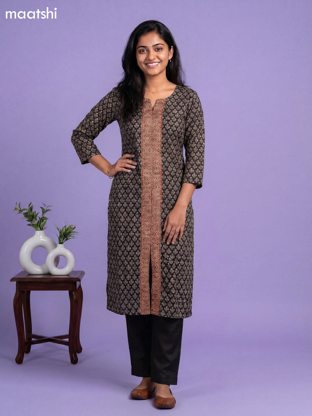 Black and Rust Shade Chanderi Allover Prints & Embroidery Work Straight Suit