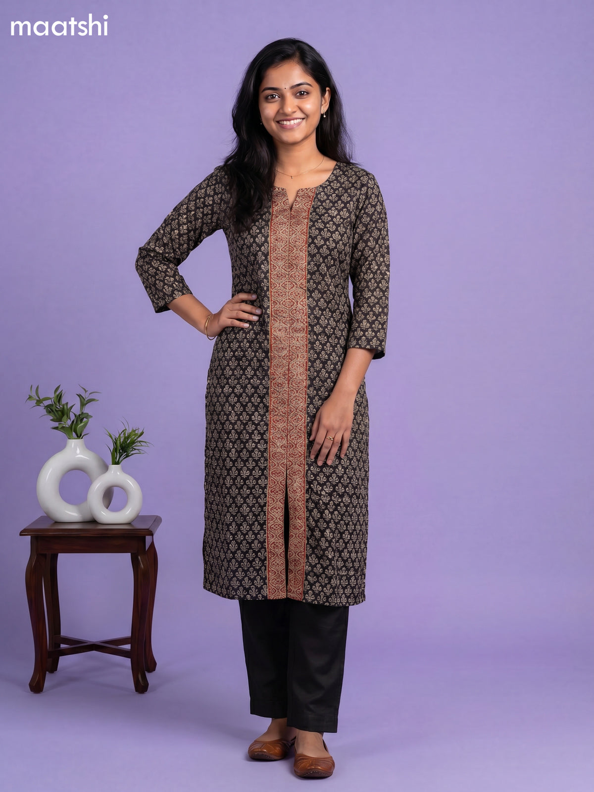 Black and Rust Shade Chanderi Allover Prints & Embroidery Work Straight Suit