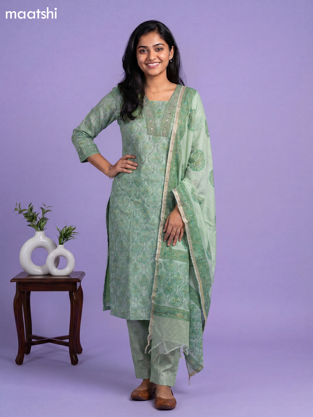 Green and Off White Chanderi Allover Prints & Embroidery Work Straight Suit